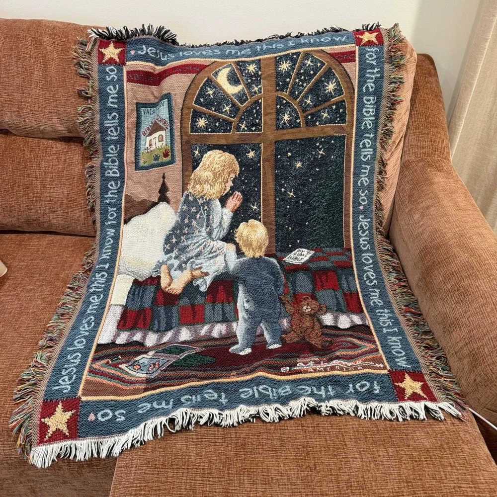 Jesus Loves Me Tapestry Throw Blanket Praying Children Religious Cotton Fringe